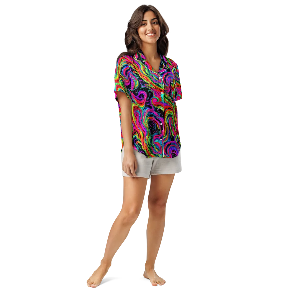 Fluorescent Current on Women's Short Sleeve Pajama Top — Front