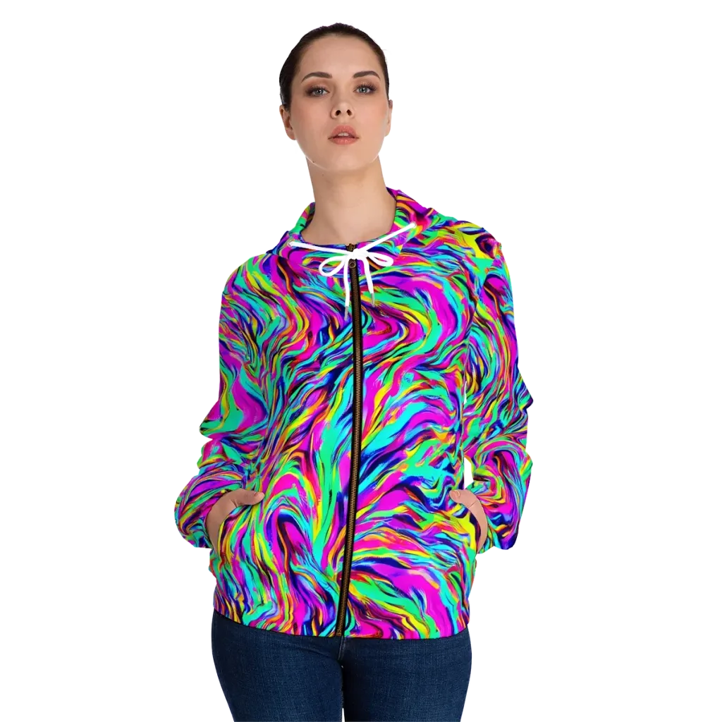 Rainbow Riot on Women's Full-Zip Hoodie — Front On Person