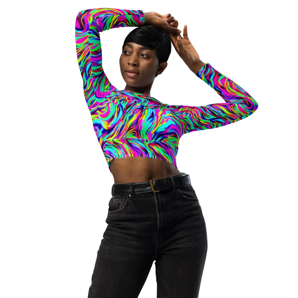 Rainbow Riot on Long Sleeve Crop Top — Front