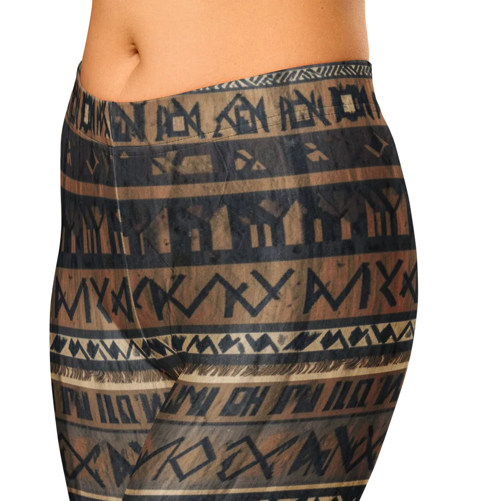 Ochre Glyphs on Capri Leggings — Zoomed-in