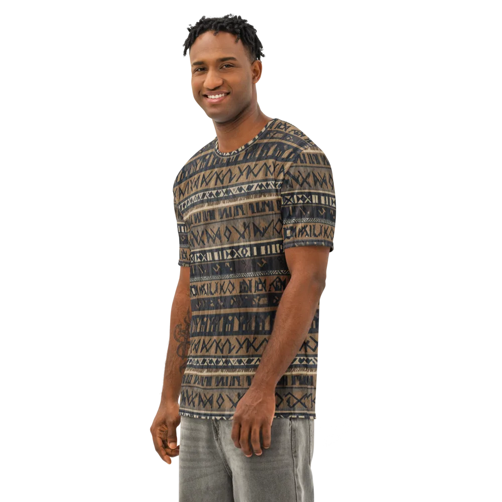 Ochre Glyphs on Men's Cotton Crew Neck T-Shirt — Left Front