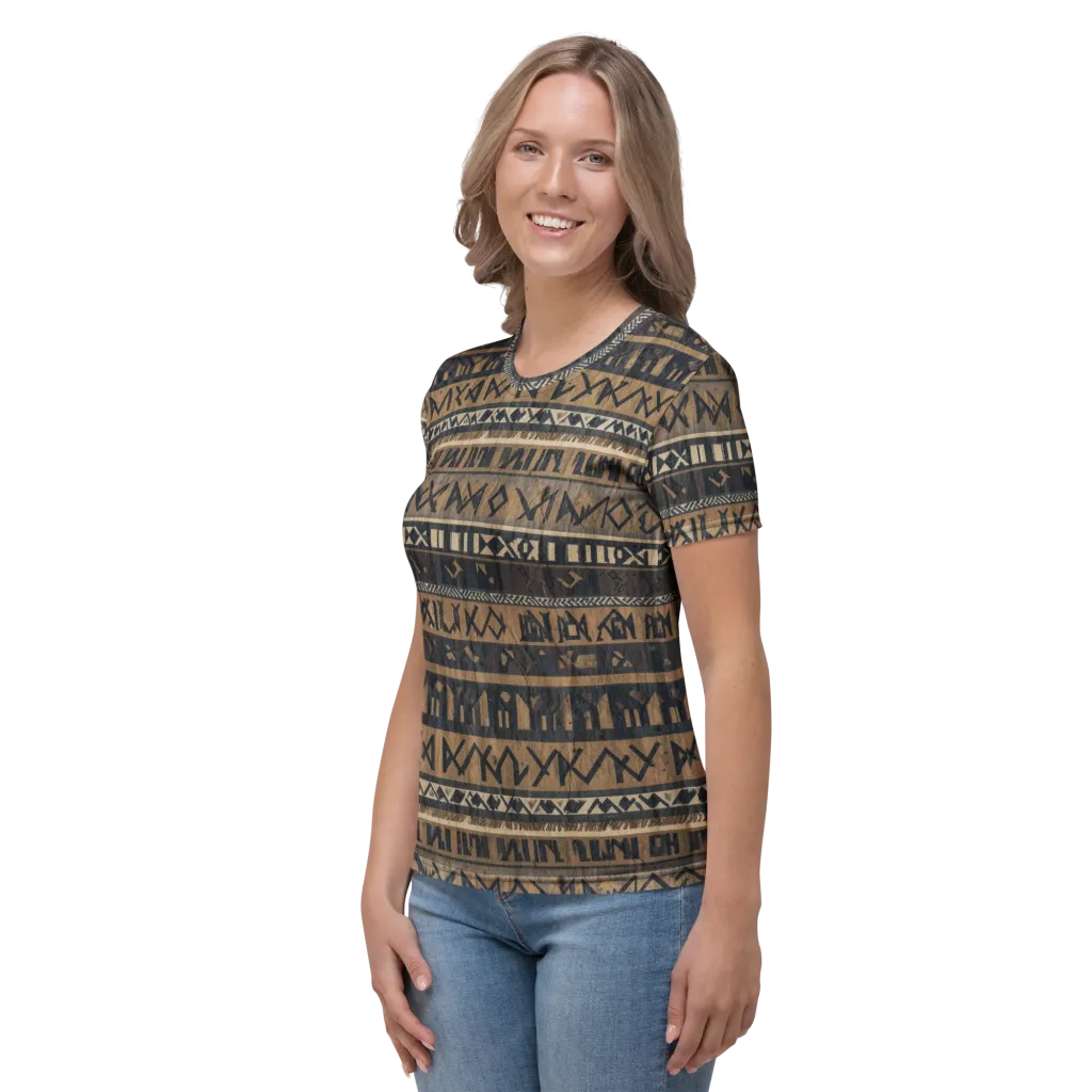 Ochre Glyphs on Women's Crew Neck T-Shirt — Left