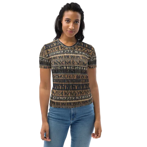 Ochre Glyphs on a Women's Crew Neck T-Shirt