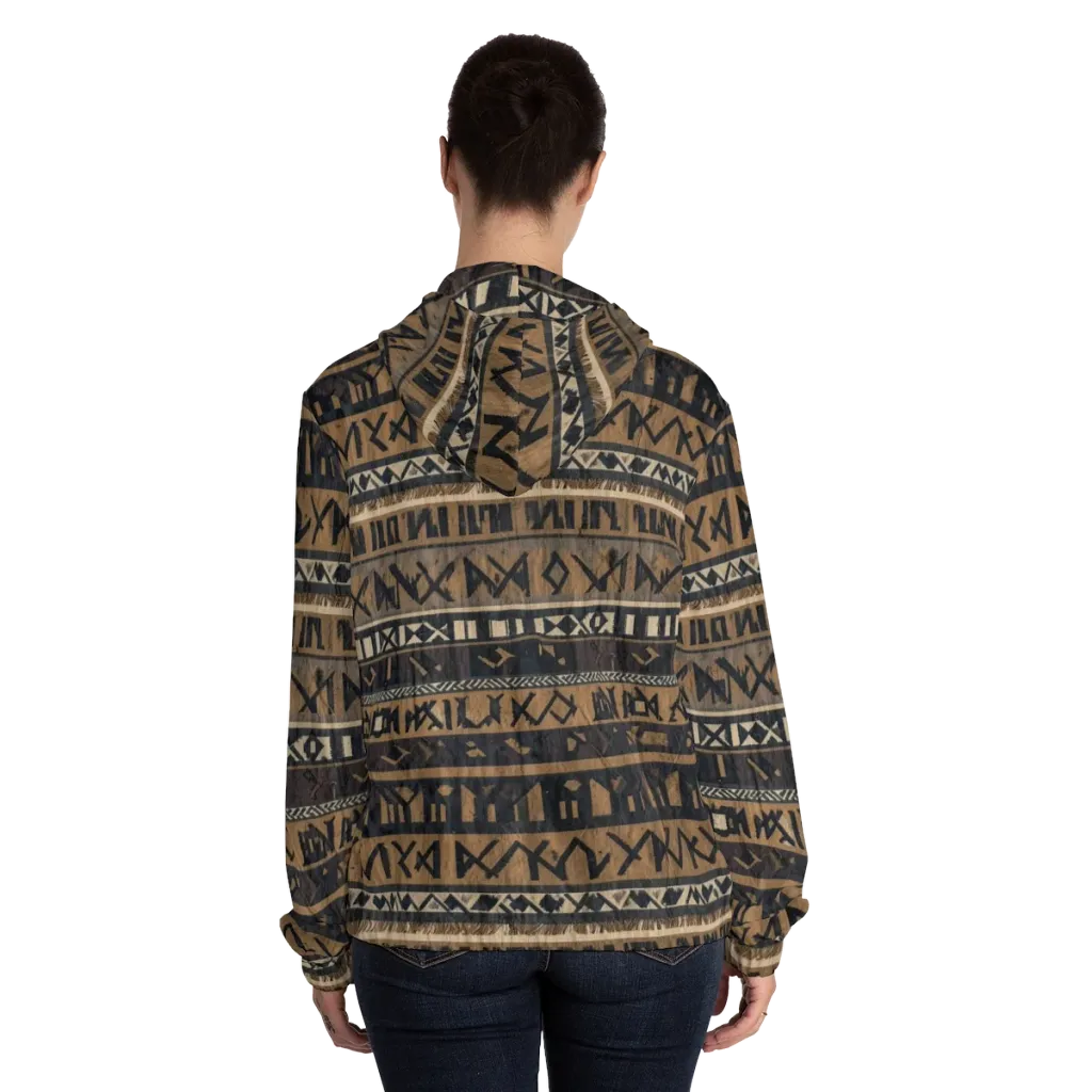 Ochre Glyphs on Women's Full-Zip Hoodie — Back On Person