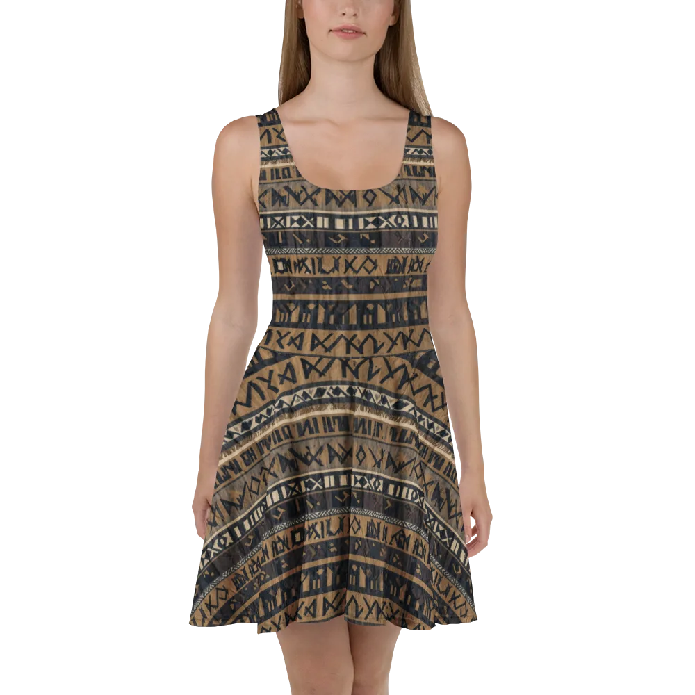 Ochre Glyphs on Skater Dress — Front