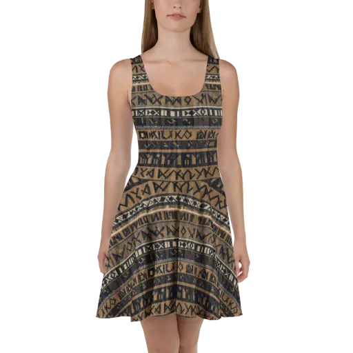 Ochre Glyphs on a Skater Dress