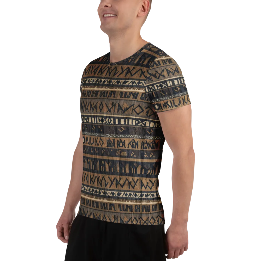 Ochre Glyphs on Men's Athletic T-Shirt — Left