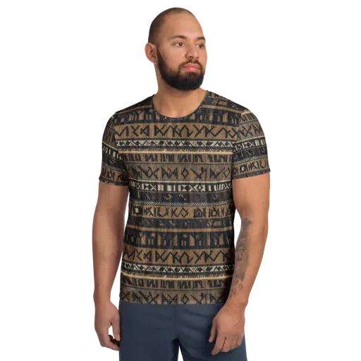 Ochre Glyphs on a Men's Athletic T-Shirt