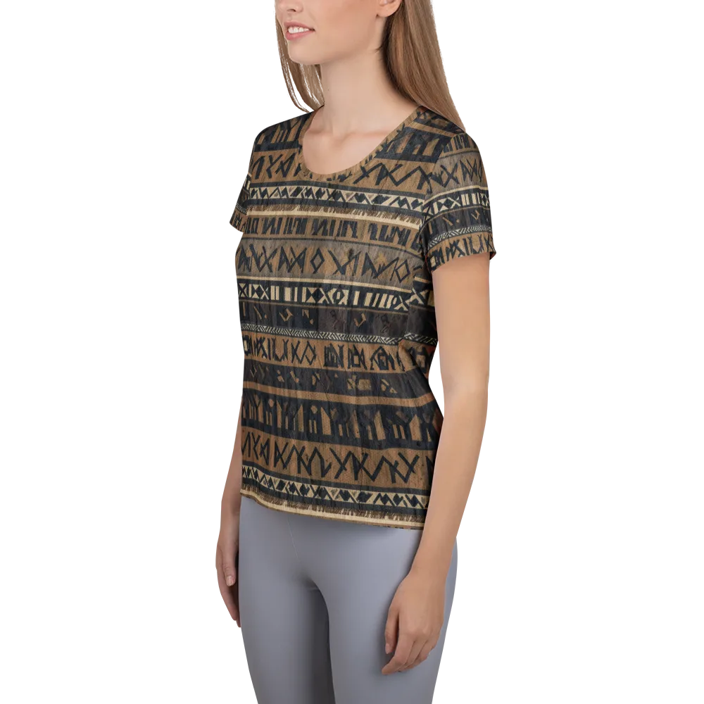 Ochre Glyphs on Women's Athletic T-Shirt — Left