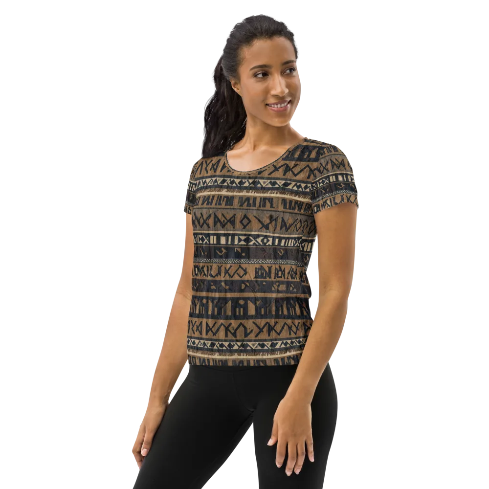 Ochre Glyphs on Women's Athletic T-Shirt — Left