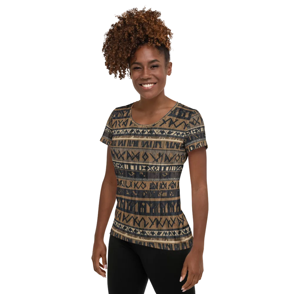 Ochre Glyphs on Women's Athletic T-Shirt — Left