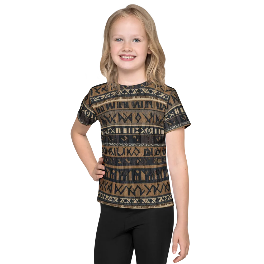 Ochre Glyphs on Kids Crew Neck T-Shirt — Front