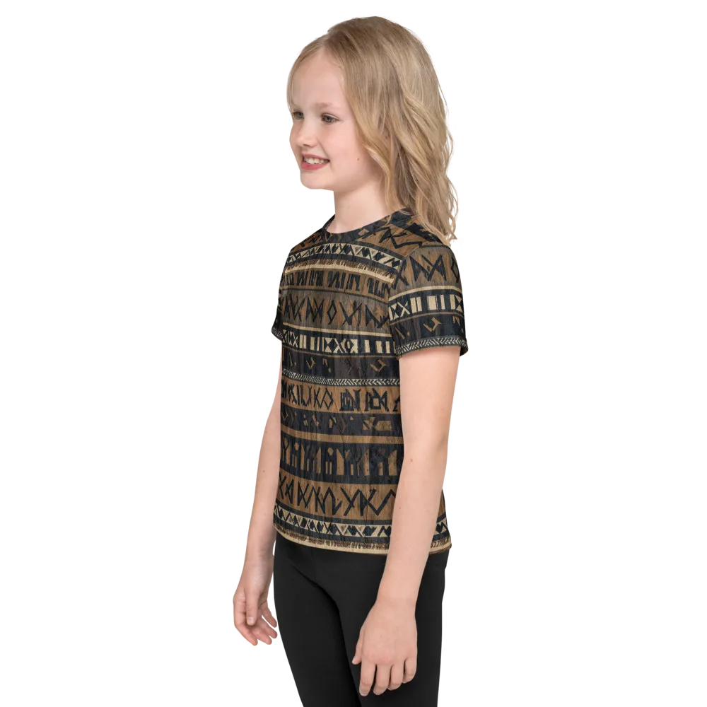 Ochre Glyphs on Kids Crew Neck T-Shirt — Left