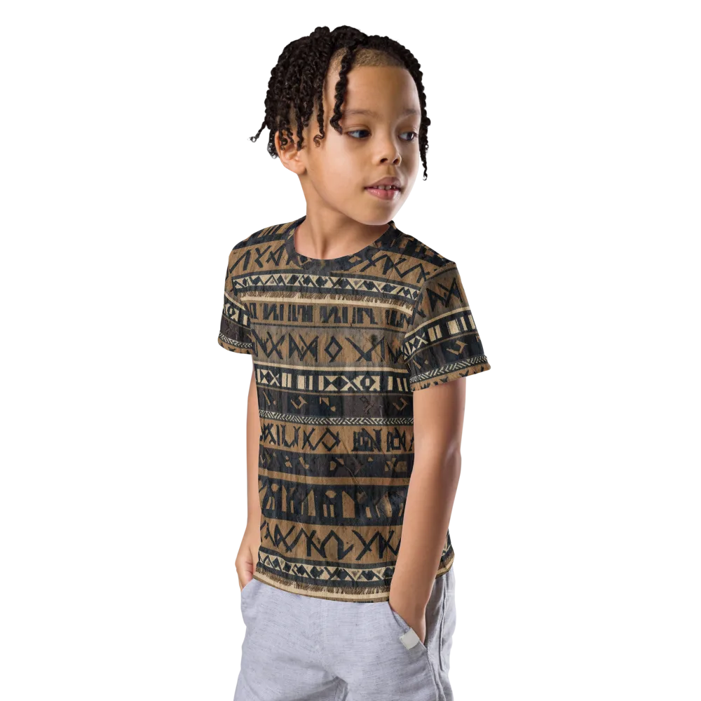 Ochre Glyphs on Kids Crew Neck T-Shirt — Left Front