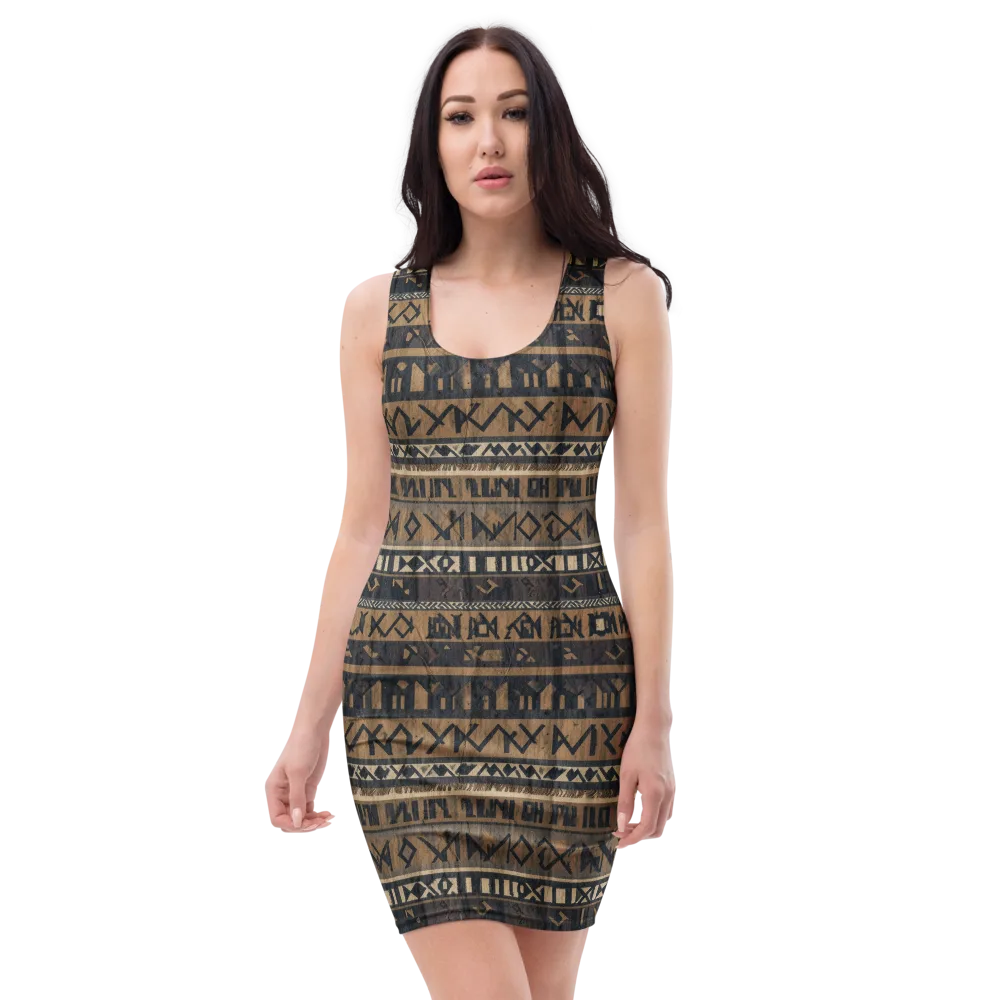 Ochre Glyphs on Bodycon Dress — Front