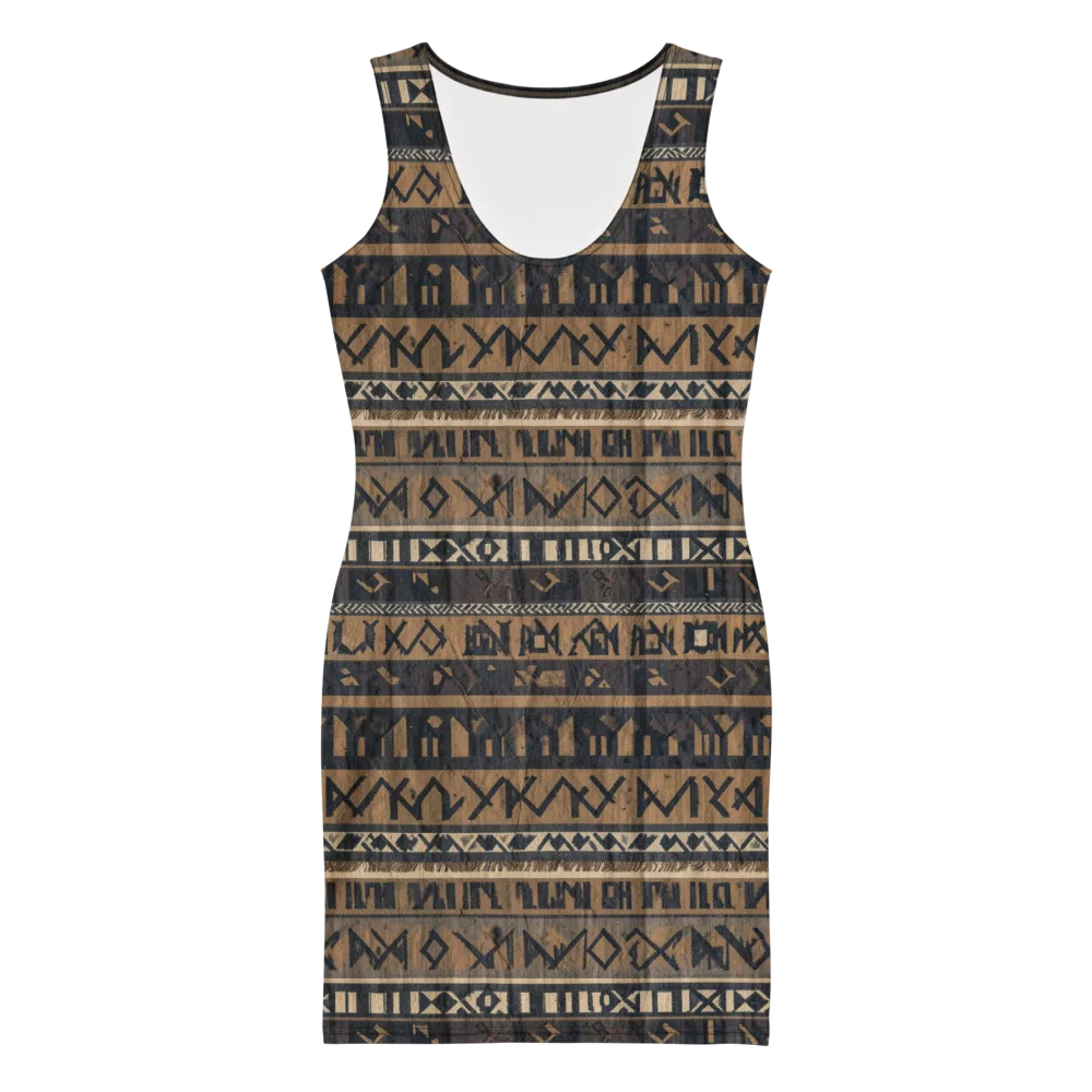 Ochre Glyphs on Bodycon Dress — Front