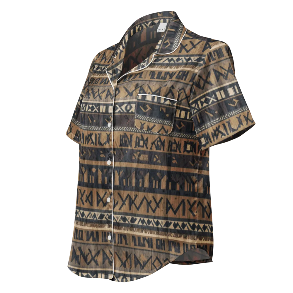 Ochre Glyphs on Women's Short Sleeve Pajama Top — Left Front