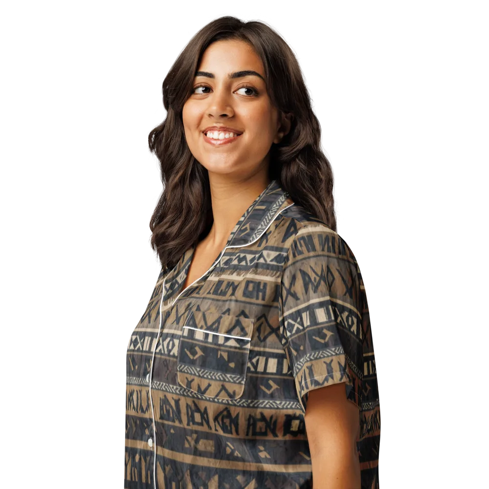Ochre Glyphs on Women's Short Sleeve Pajama Top — Left Front
