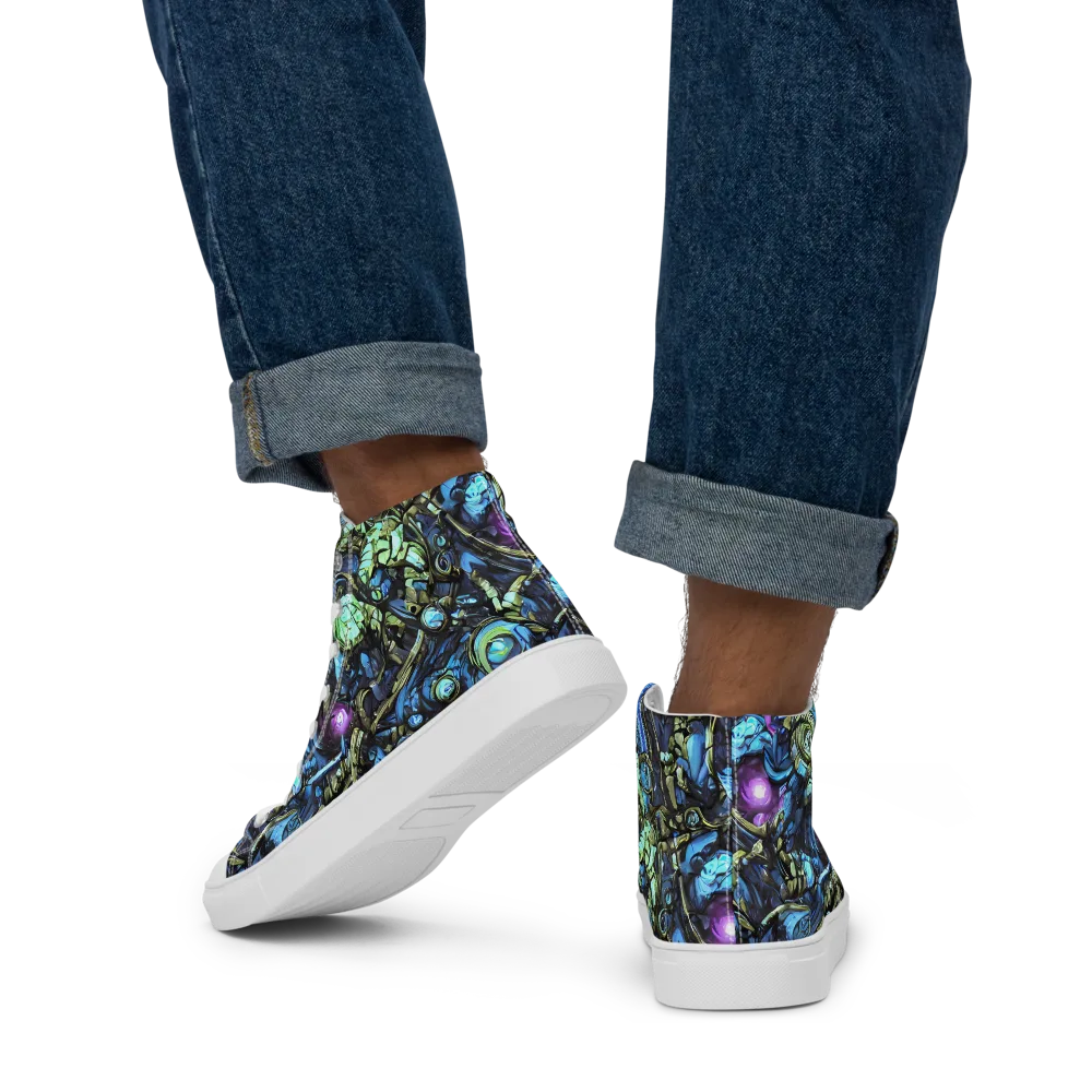 Bioluminescent Circuit on Men's High Top Canvas Shoes — Back