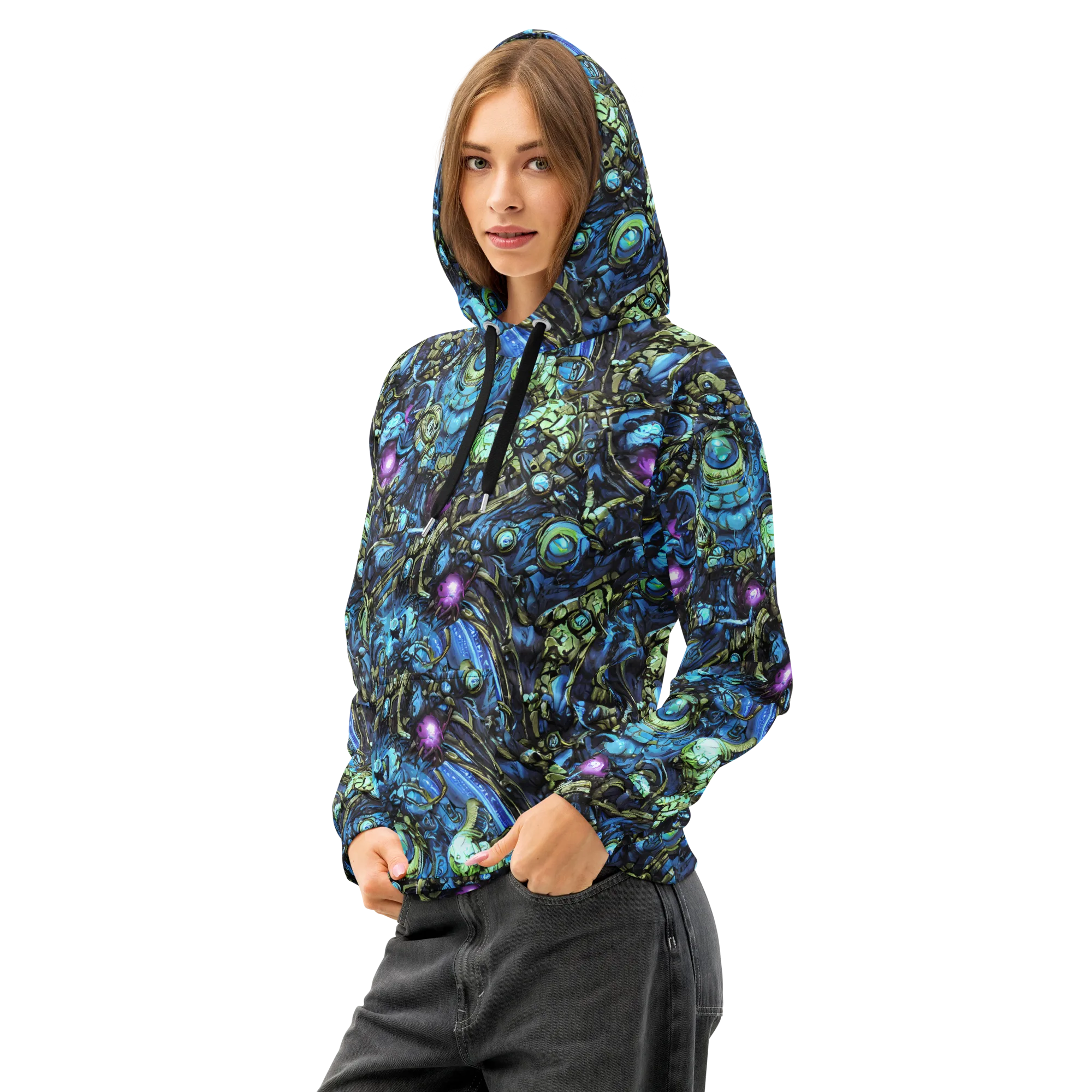 Bioluminescent Circuit on Cotton Hoodie — Left Front