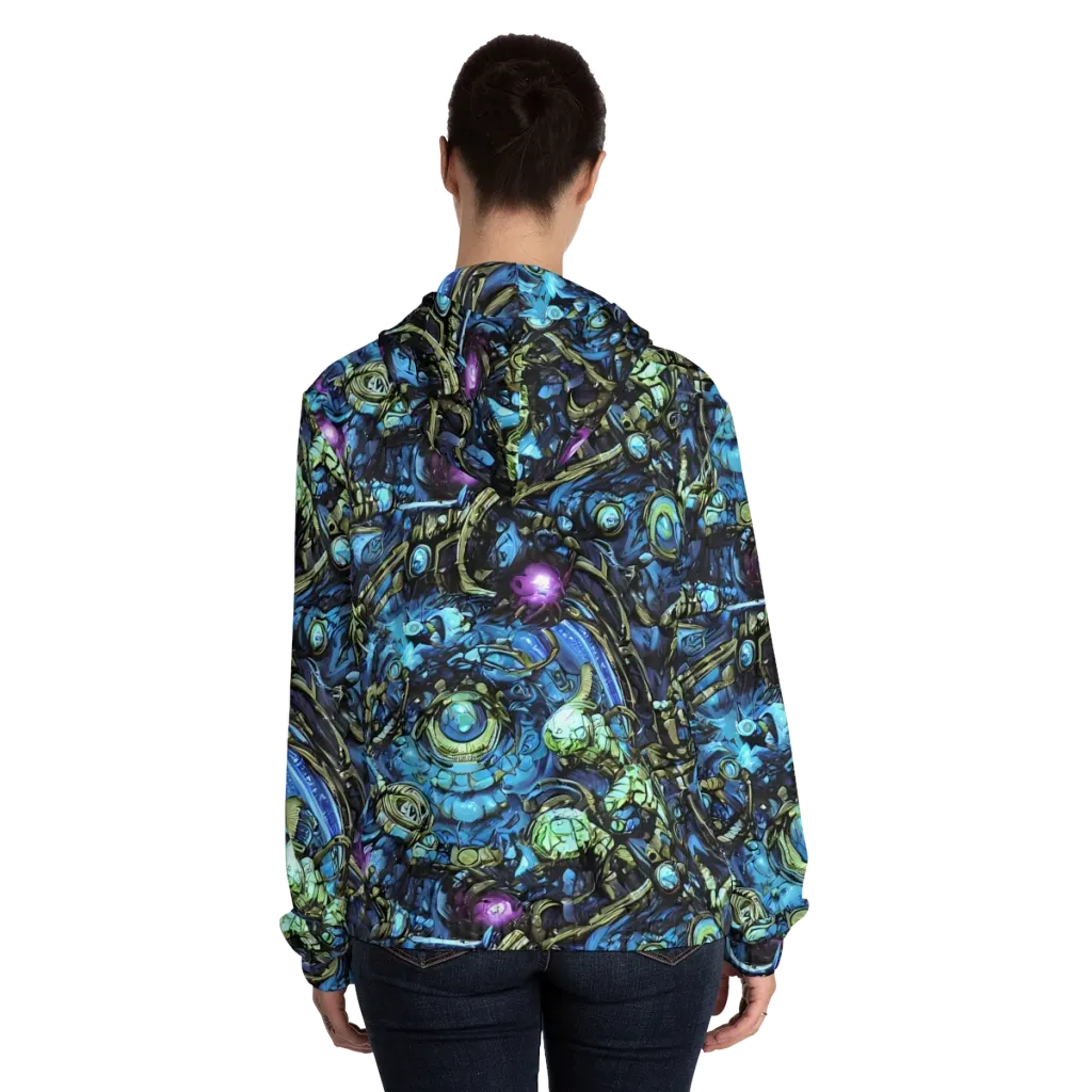Bioluminescent Circuit on Women's Full-Zip Hoodie — Back On Person