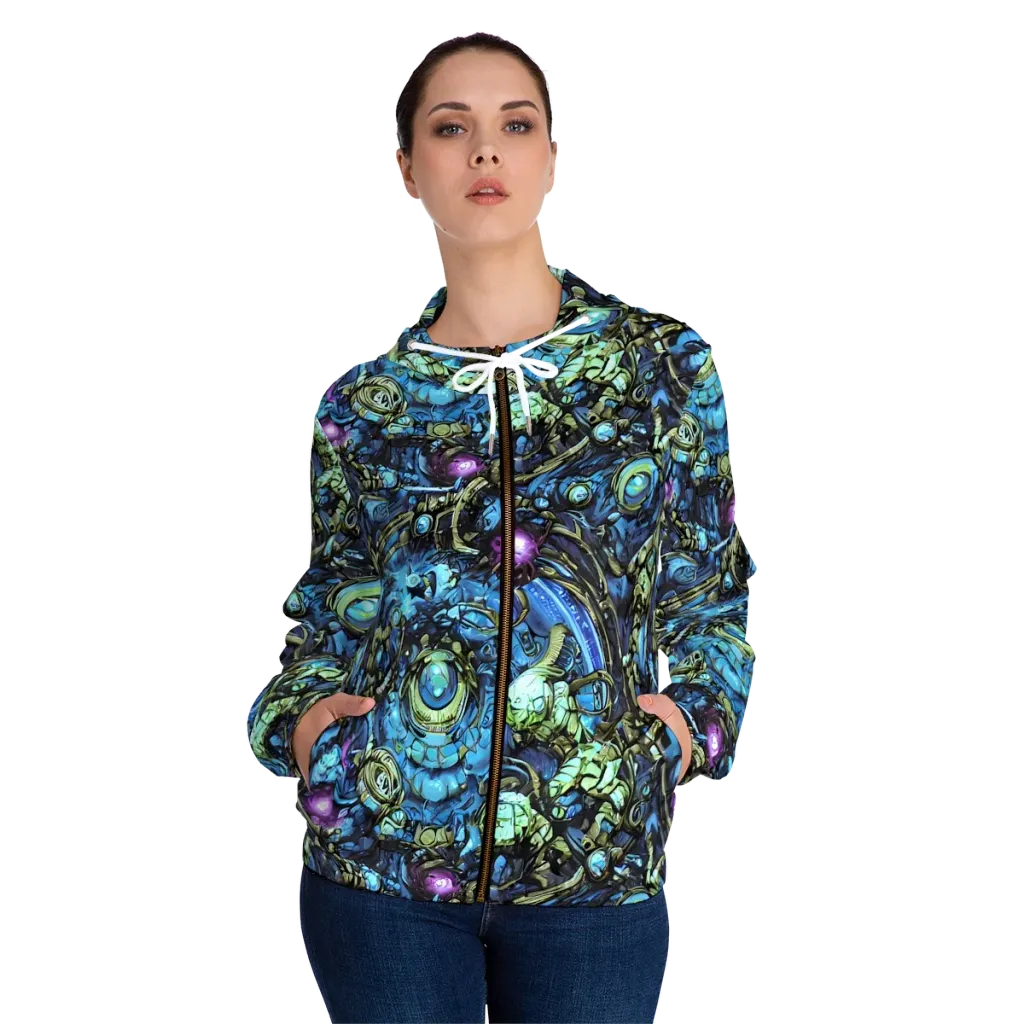 Bioluminescent Circuit on Women's Full-Zip Hoodie — Front On Person