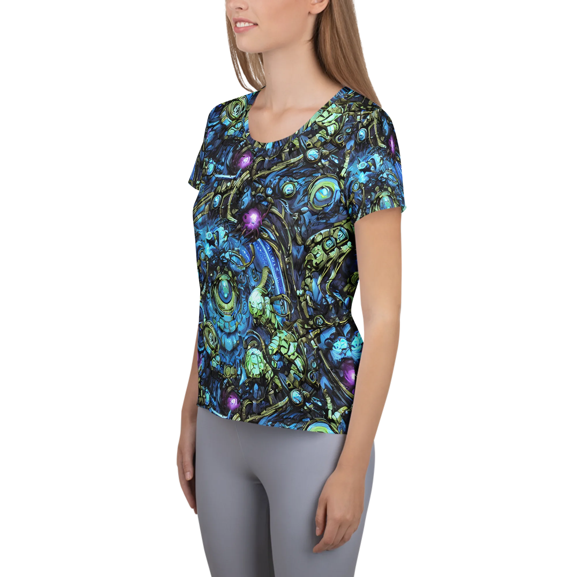Bioluminescent Circuit on Women's Athletic T-Shirt — Left
