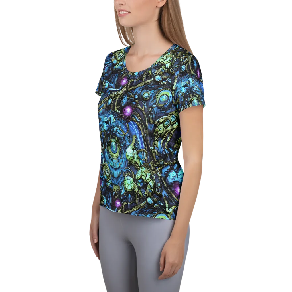Bioluminescent Circuit on Women's Athletic T-Shirt — Left