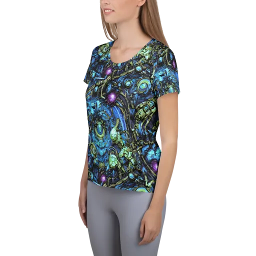 Bioluminescent Circuit on a Women's Athletic T-Shirt