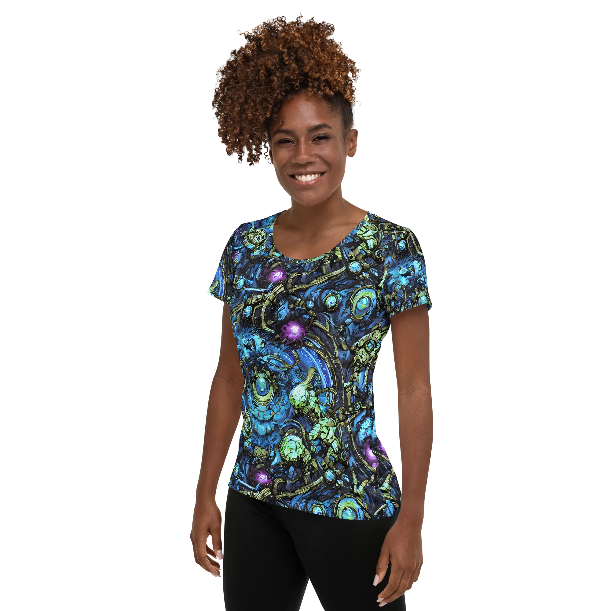 Bioluminescent Circuit on Women's Athletic T-Shirt — Left