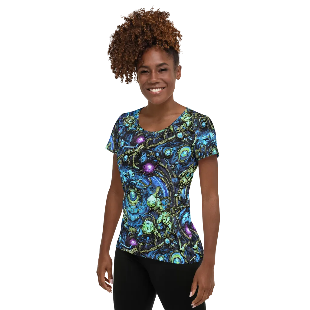 Bioluminescent Circuit on Women's Athletic T-Shirt — Left