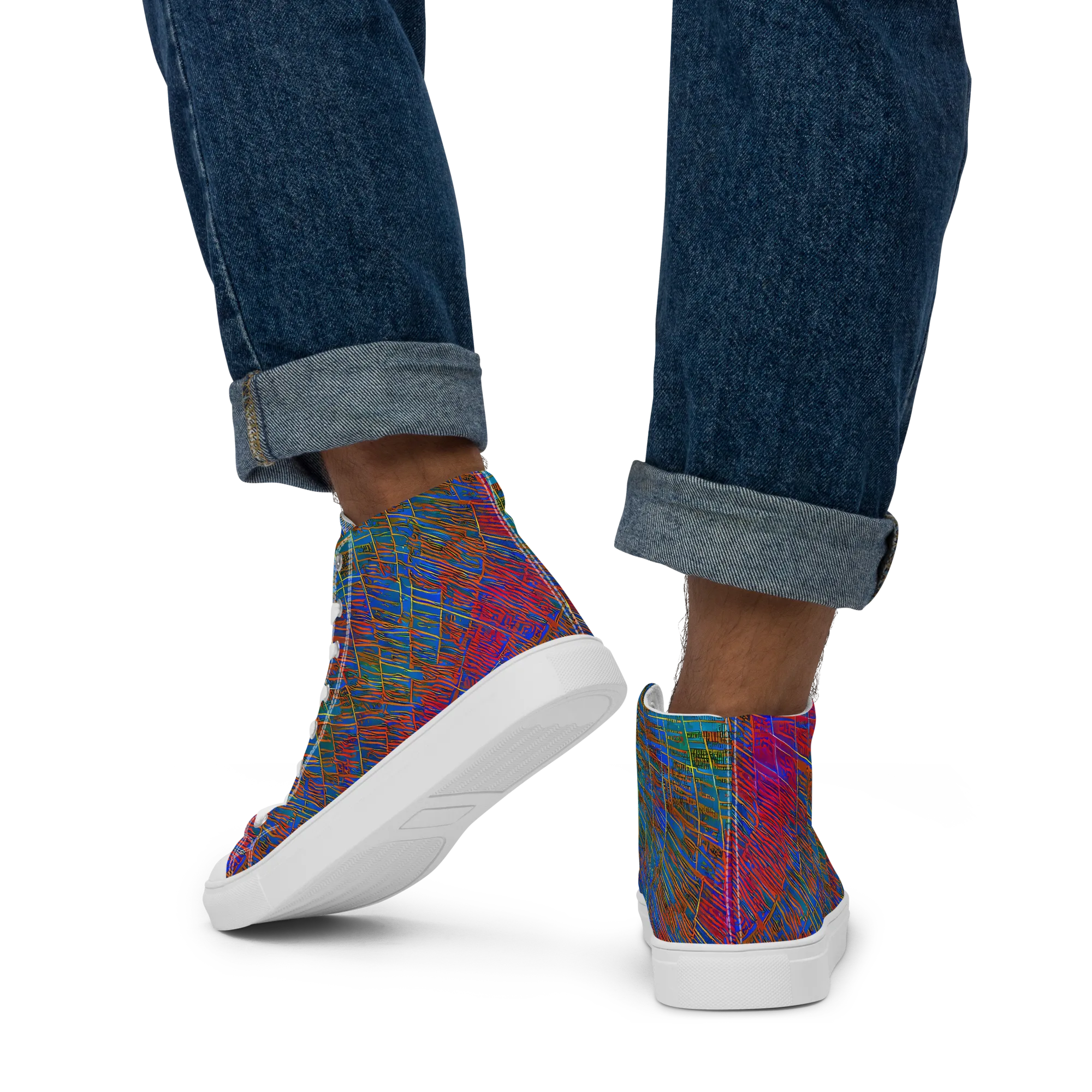 Electric Cartography on Men's High Top Canvas Shoes — Back