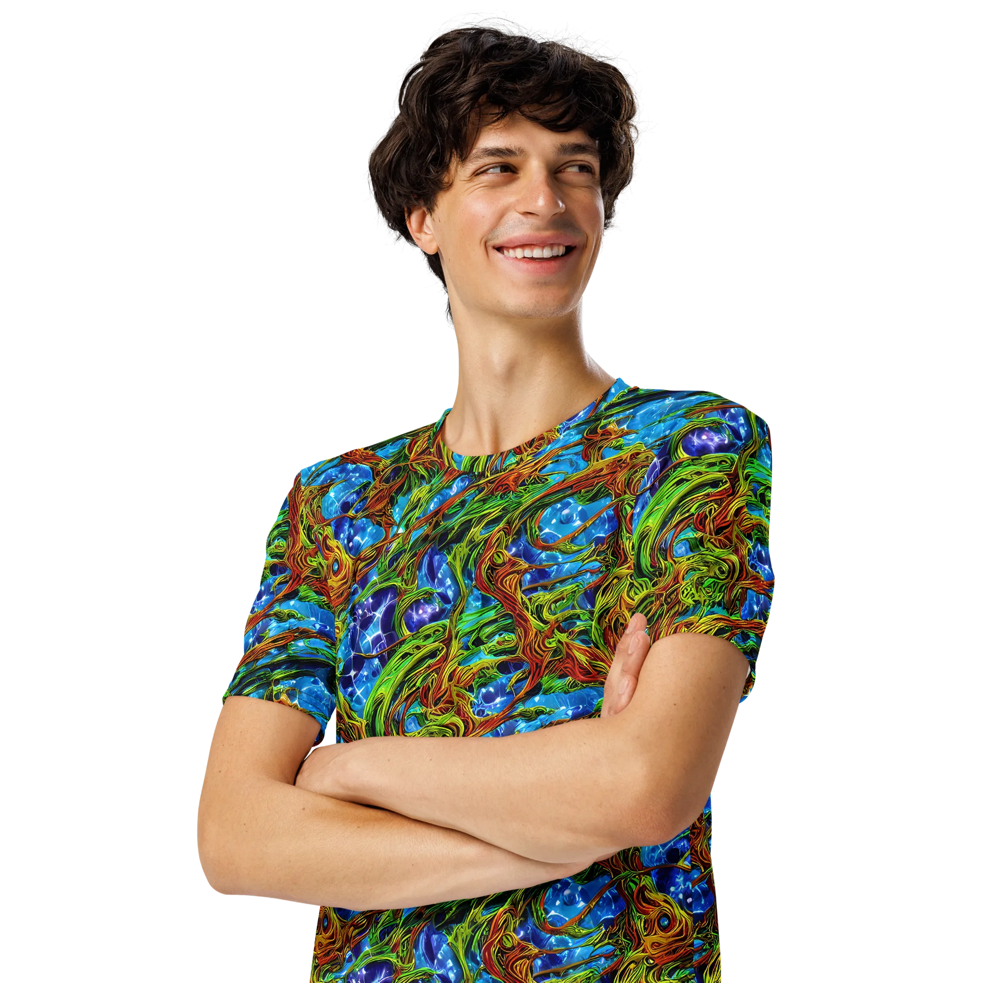 Neon Riverwood on Men's Crew Neck T-Shirt — Left Front
