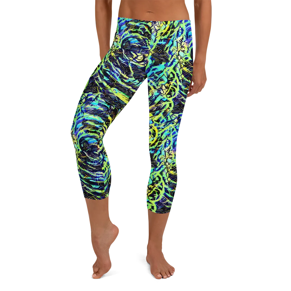 Electric Aviary on Capri Leggings — Front