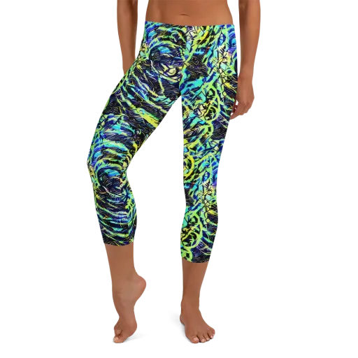 Electric Aviary on a Capri Leggings