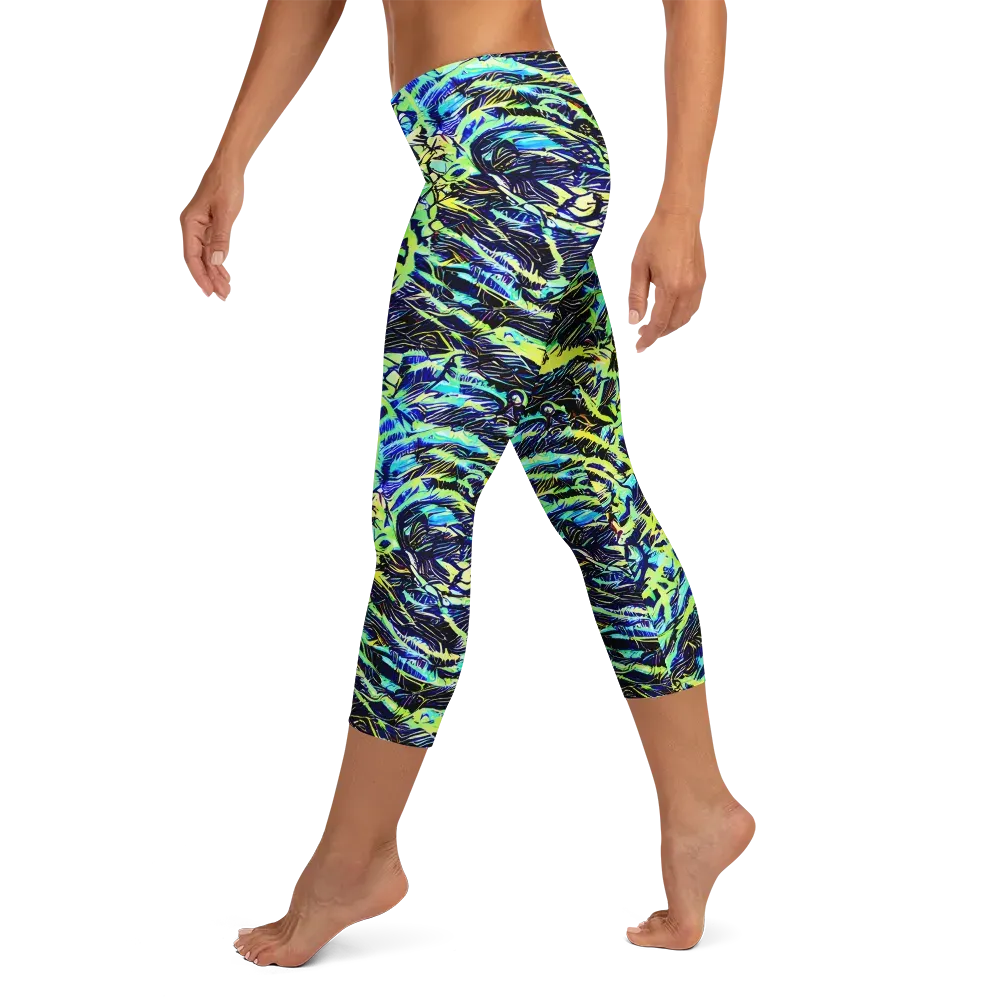 Electric Aviary on Capri Leggings — Left