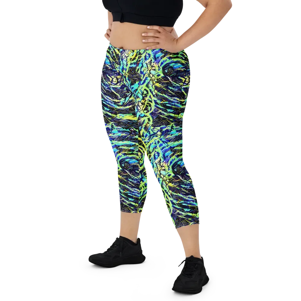 Electric Aviary on Capri Leggings — Front