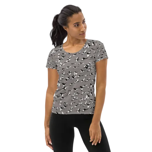 Monochrome Migration on a Women's Athletic T-Shirt