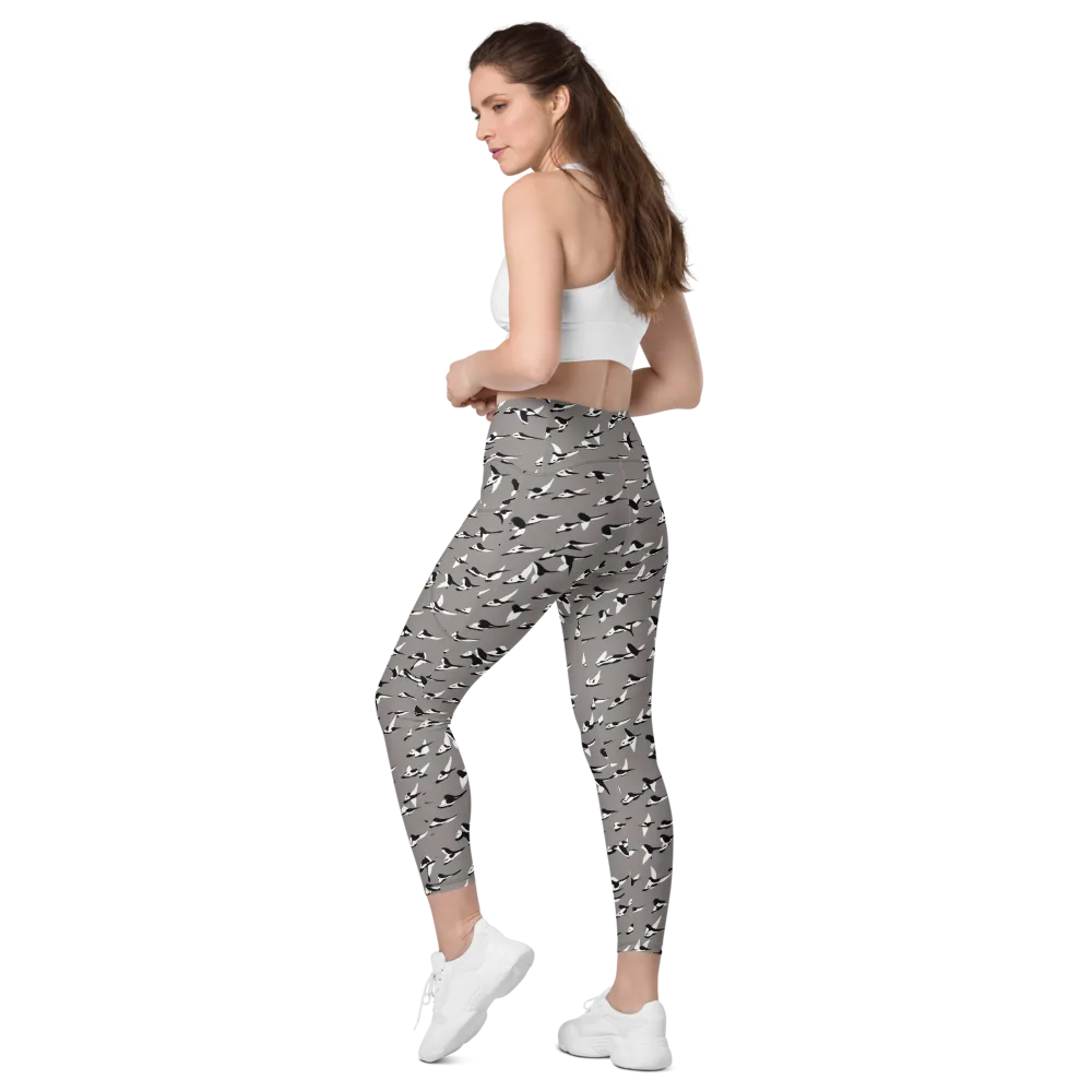 Monochrome Migration on Leggings with Pockets — Left Back