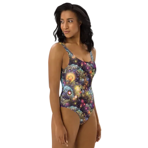 Cosmic Gem Garden on a One-Piece Swimsuit