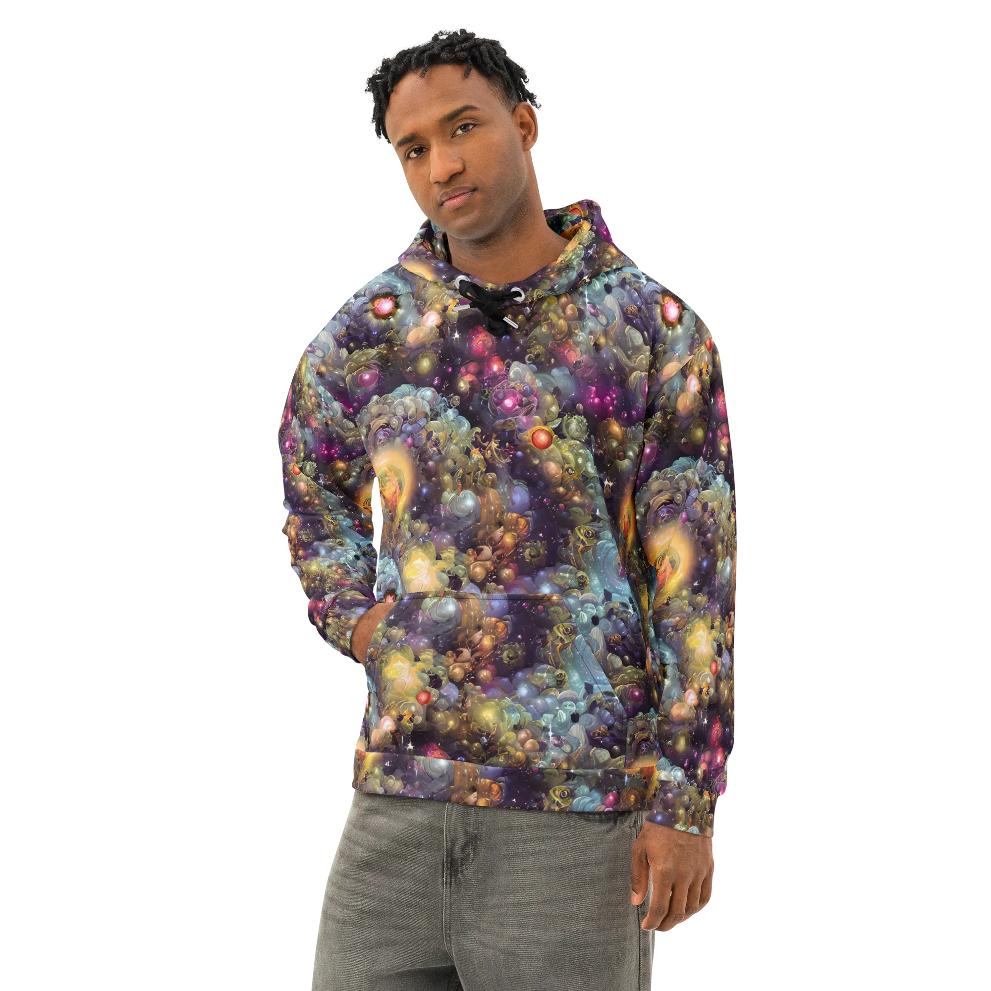 Cosmic Gem Garden on Cotton Hoodie — Left Front