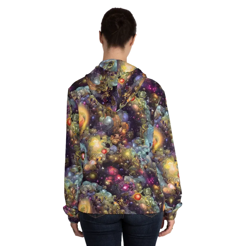 Cosmic Gem Garden on Women's Full-Zip Hoodie — Back On Person
