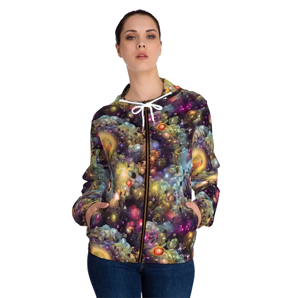 Cosmic Gem Garden on Women's Full-Zip Hoodie — Front On Person