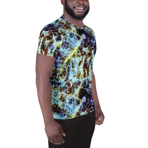 Iridescent Orbit on a Men's Athletic T-Shirt