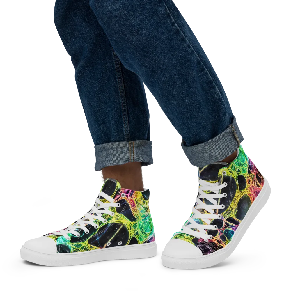 Neon Celestial Web on Men's High Top Canvas Shoes — Left