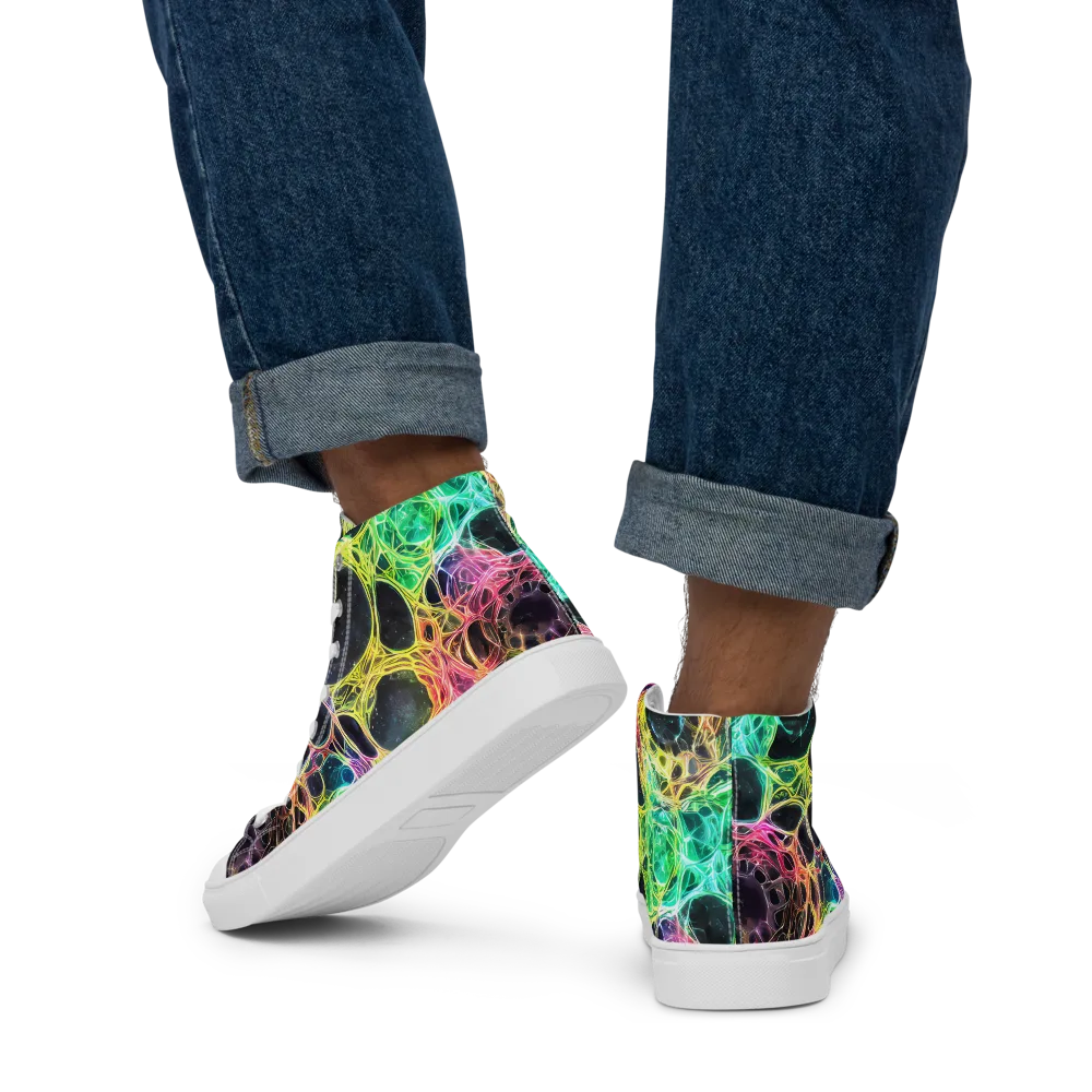 Neon Celestial Web on Men's High Top Canvas Shoes — Back