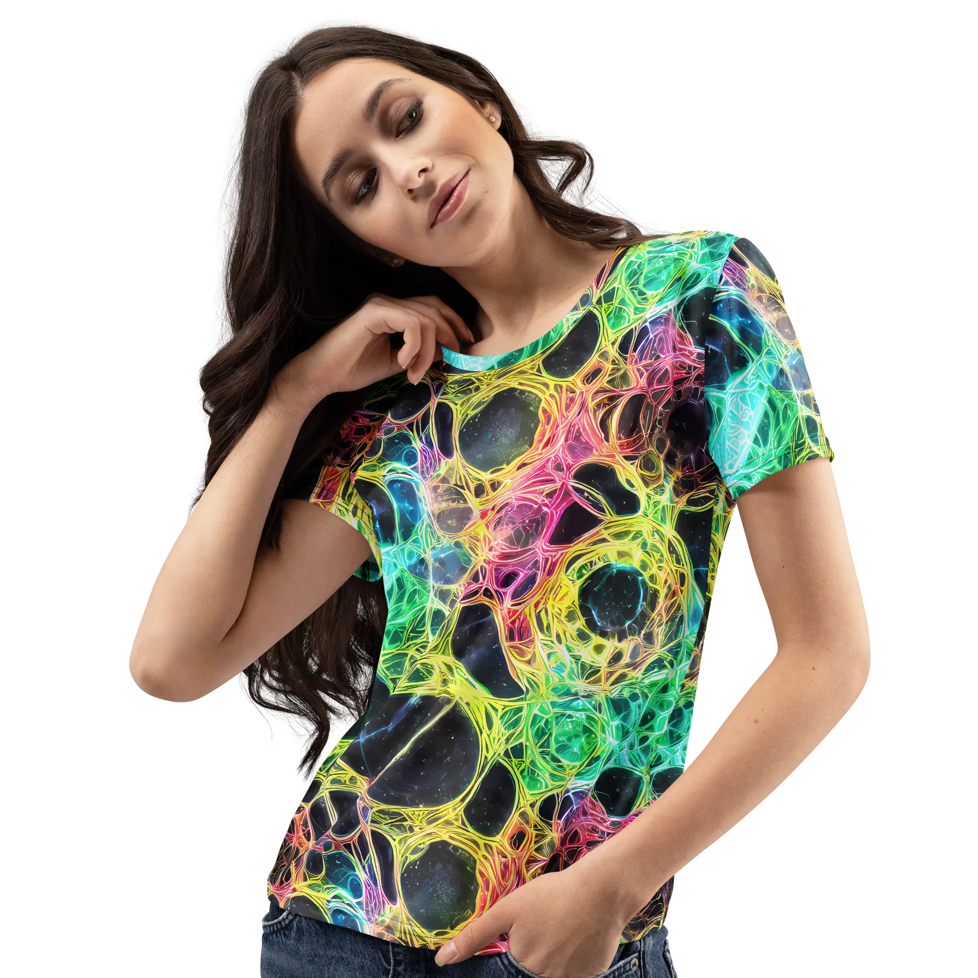Neon Celestial Web on Women's Crew Neck T-Shirt — Left Front