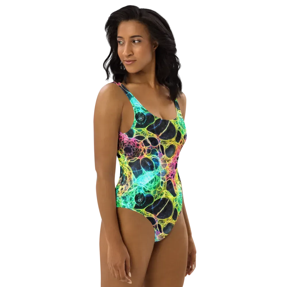 Neon Celestial Web on One-Piece Swimsuit — Right