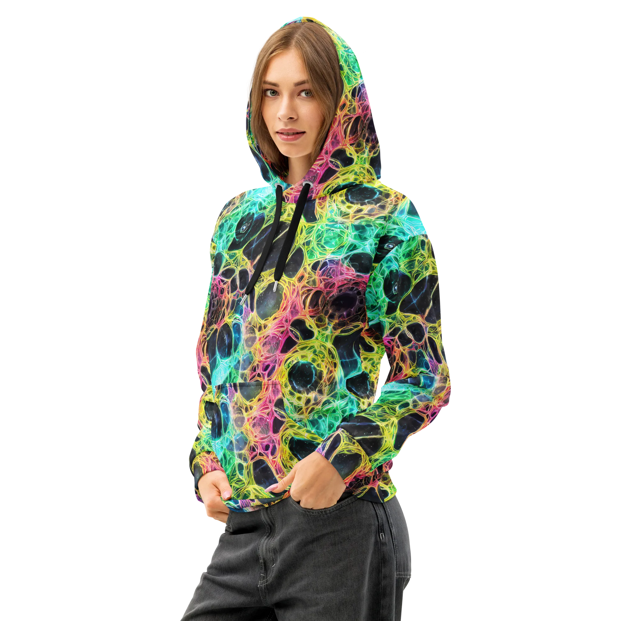 Neon Celestial Web on Cotton Hoodie — Left Front
