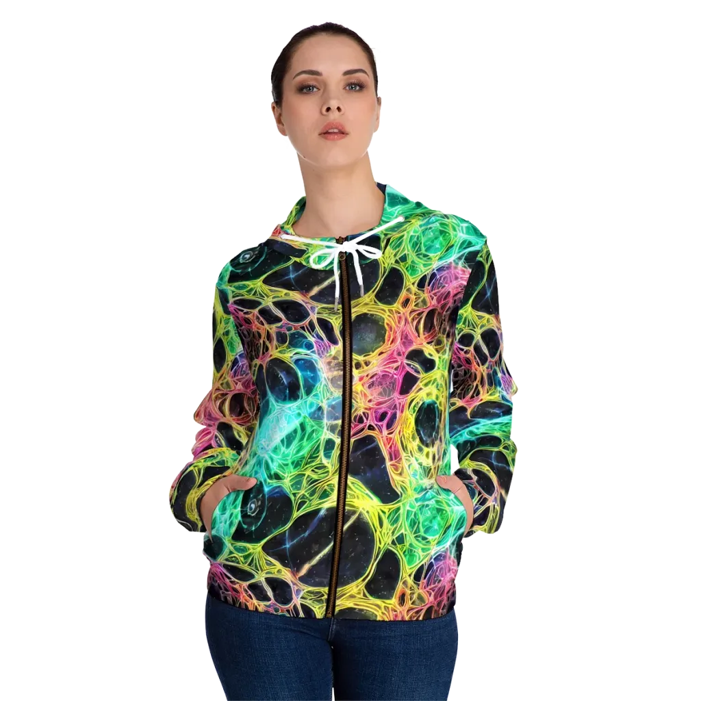 Neon Celestial Web on Women's Full-Zip Hoodie — Front On Person